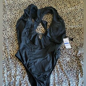 Bar III Black Deep Plunge Ruffle Neck One Piece Maillot Size XL Swimsuit NWT $88